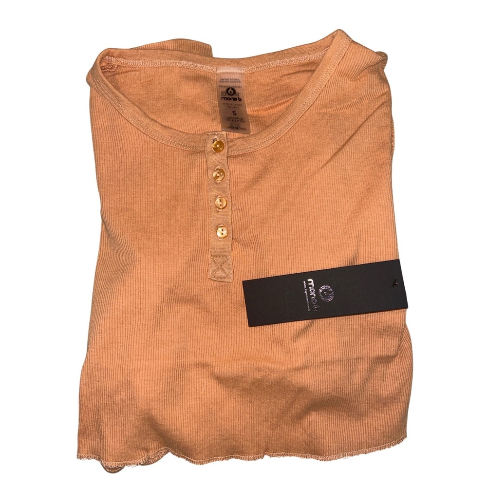 Mono B Womens Crop Top Long Sleeve Ribbed Knit Henley Shirt Peach New Small - Picture 4 of 4